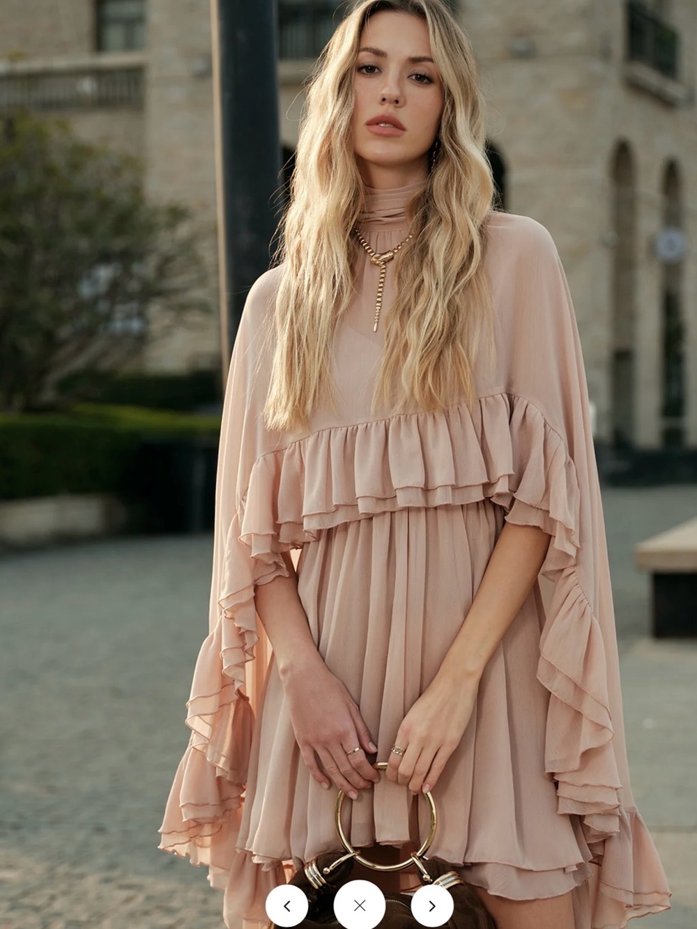 Commense Semi-Sheer Chiffon Ruffle Dress with Outer Cape - Black - XL - Picture 6 of 10